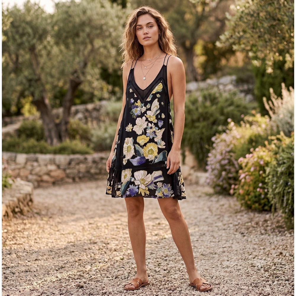 Free People Floral Slip Dress Womens XS‎ Black Strappy Crochet Trim Boho Mini